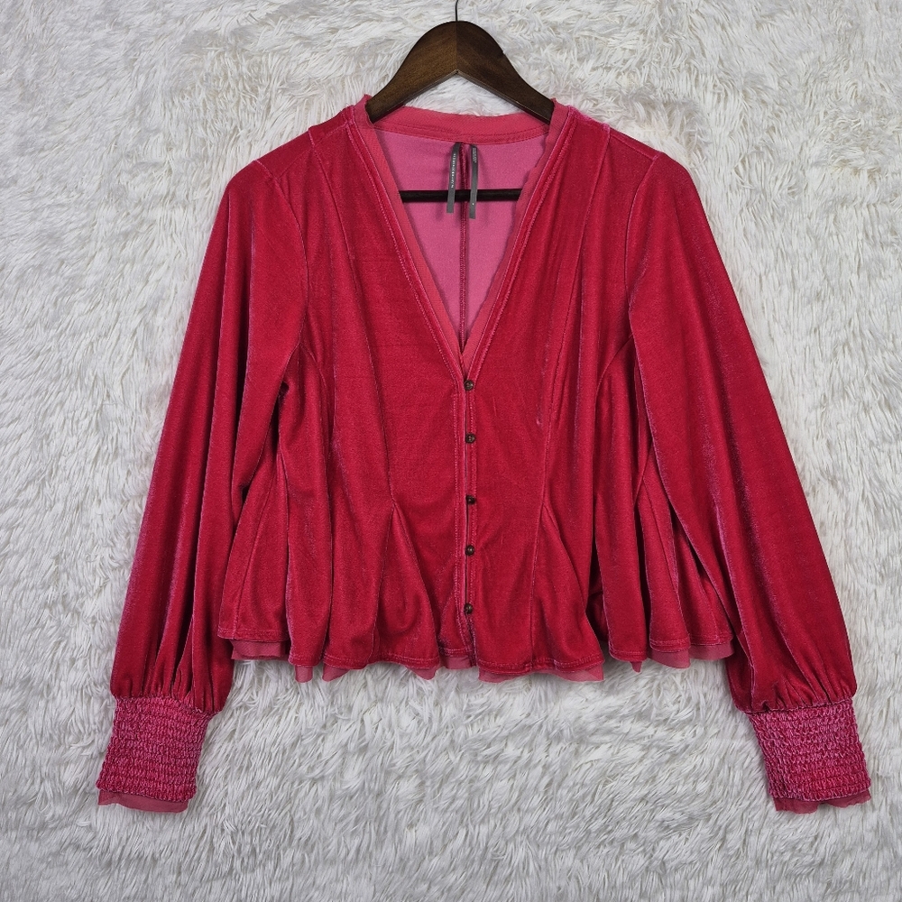 Anthropologie Velvet Long Sleeve Pink Bishop Sleeve Top Sz S Ren Faire Peplum